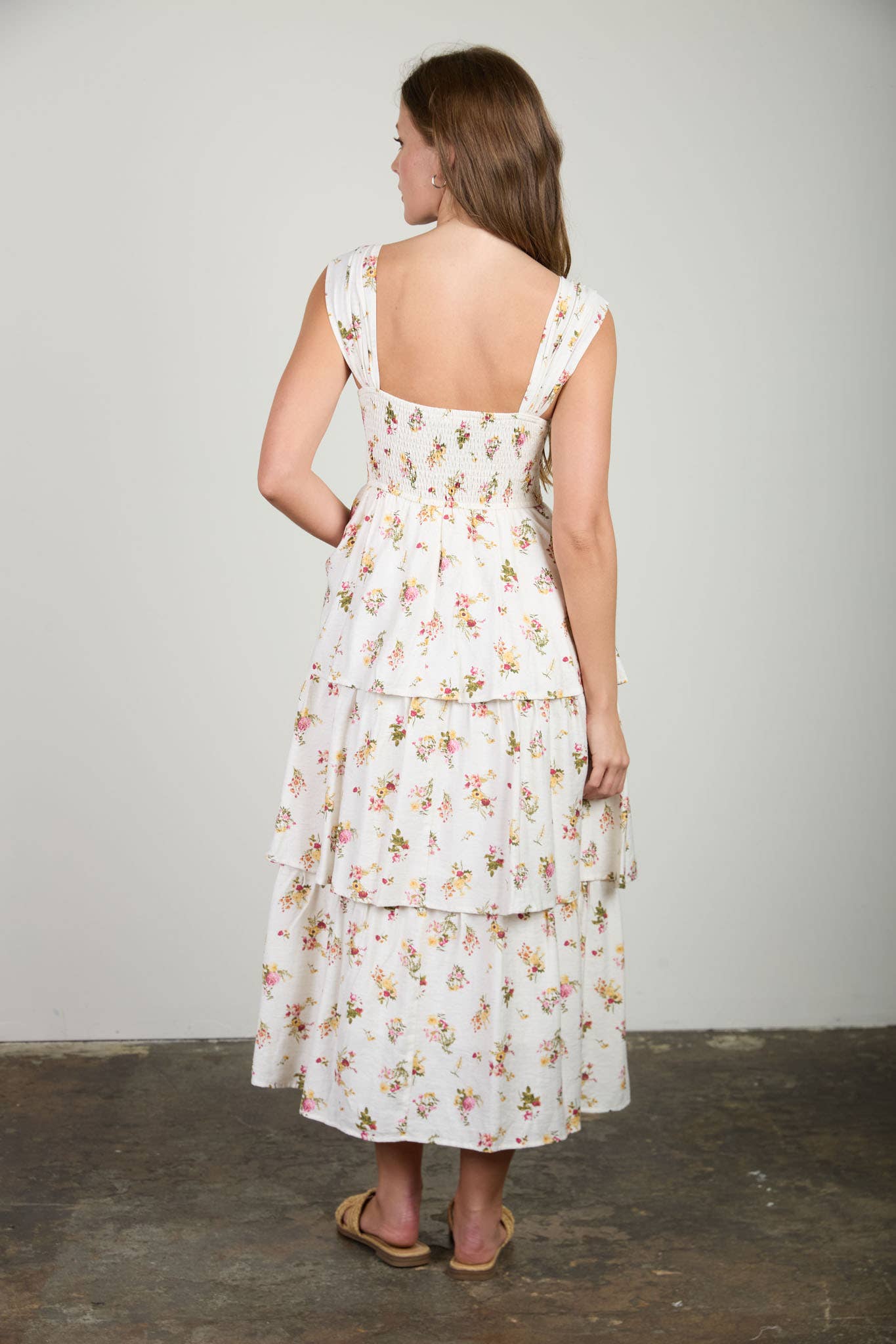 Cream Floral Ruffle Tiered Midi Dress