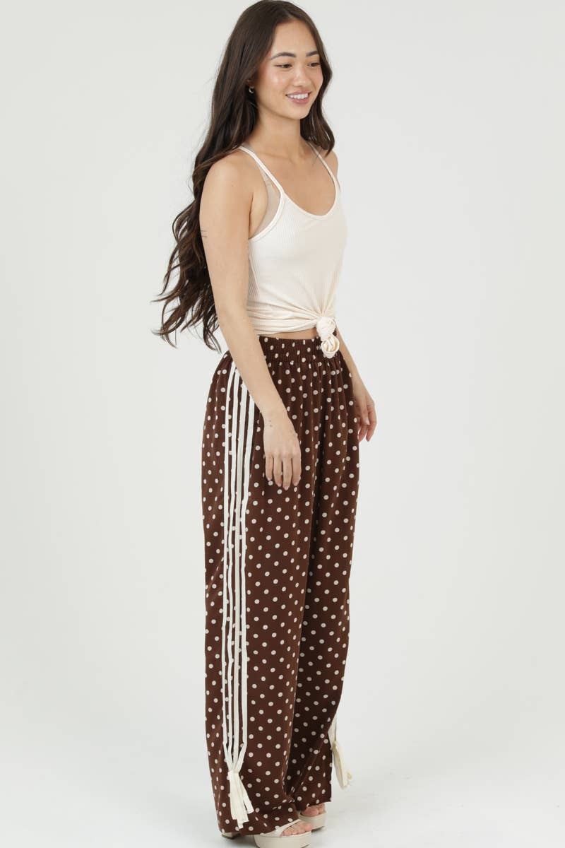 XPA47-DOT POLKA DOT PRINT WIDE LEG PANTS WITH SIDE TAPE TIES