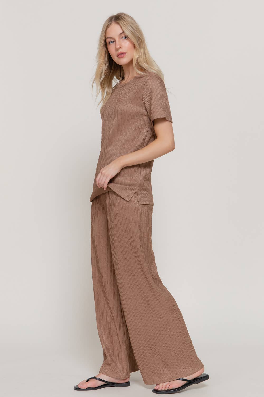 Mocha Short Sleeve Top & Wide Knit Pants Set