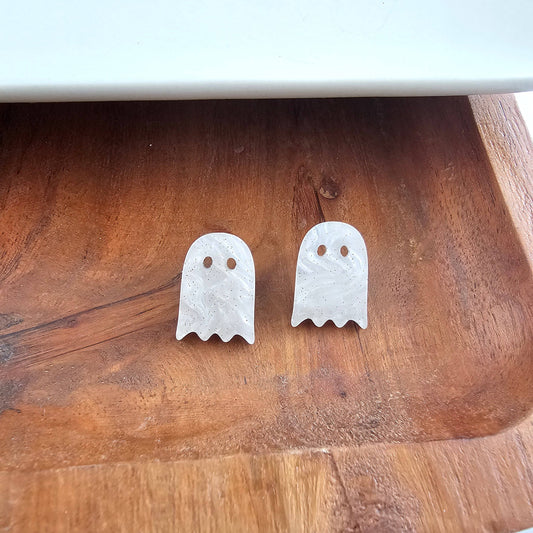 White Shimmer Ghost Stud Earrings