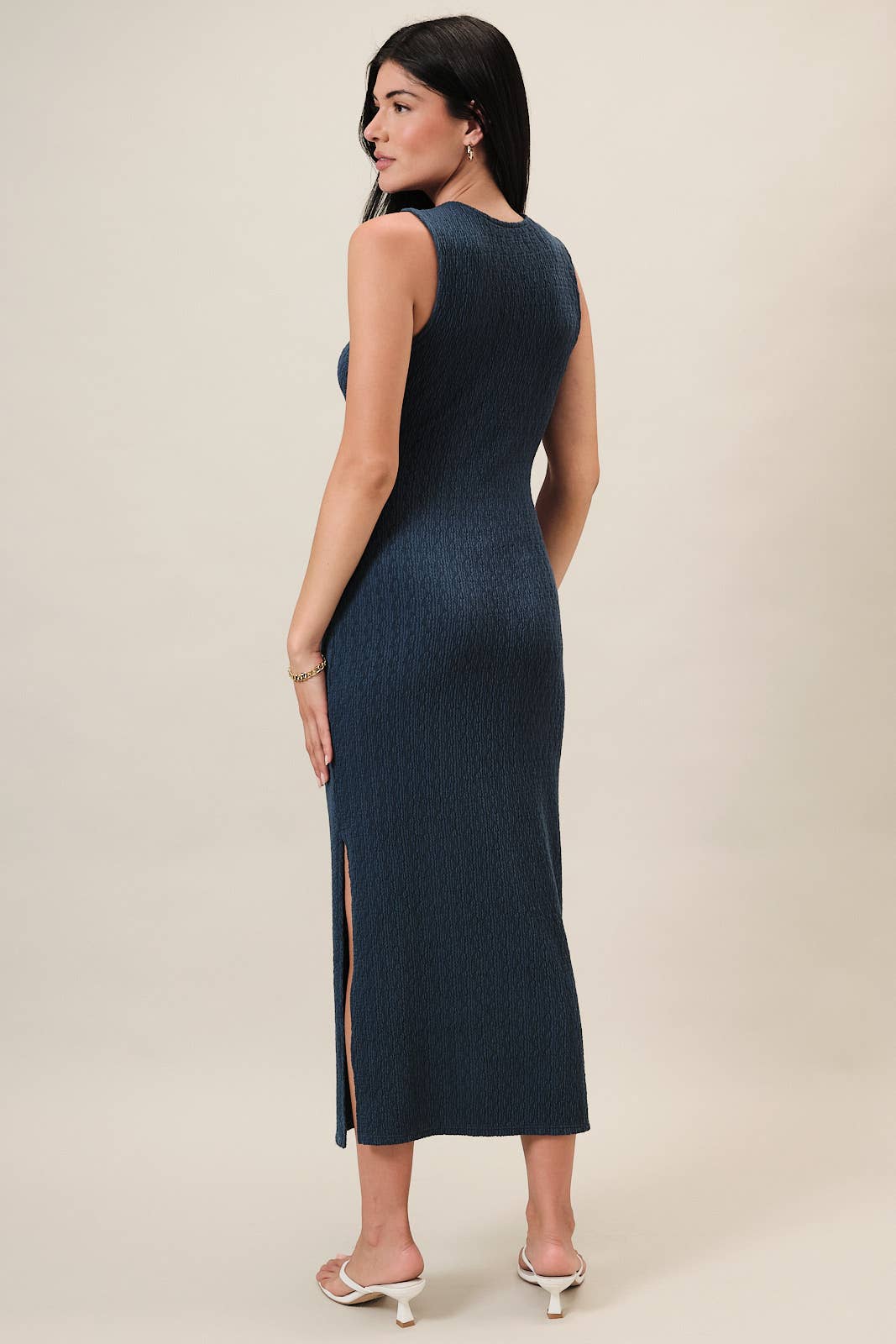 Navy Round Neck Side Tie Midi Dress
