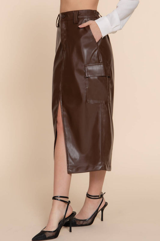 Brown Leather Midi Cargo Skirt