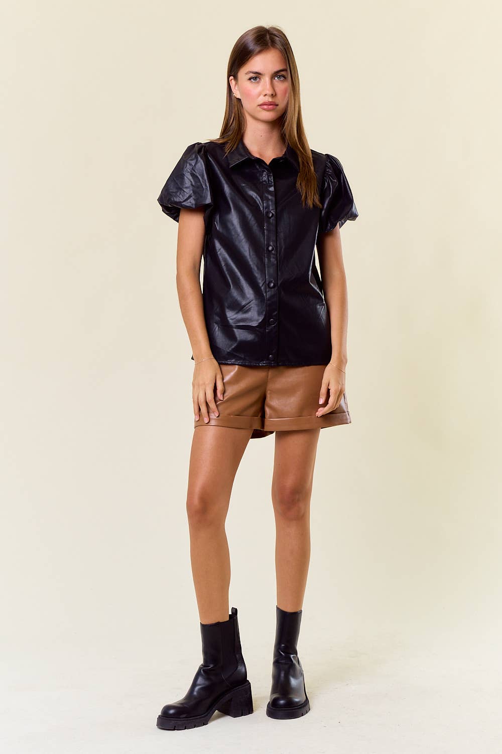 Black Leather Bubble Short Sleeve Blouse