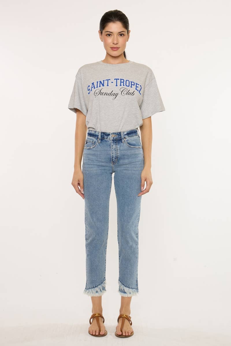 Kan Can Medium Wash High Rise Straight Frayed Hem Jeans