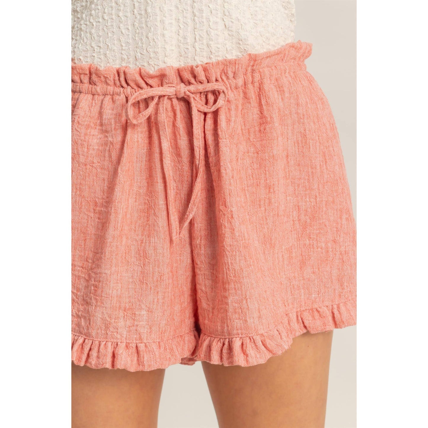 Red Ruffle Trim Drawstring Shorts