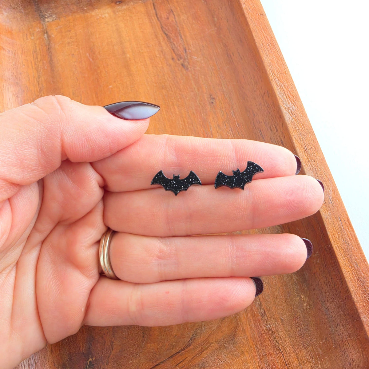 Black Glitter Bat Stud Earrings