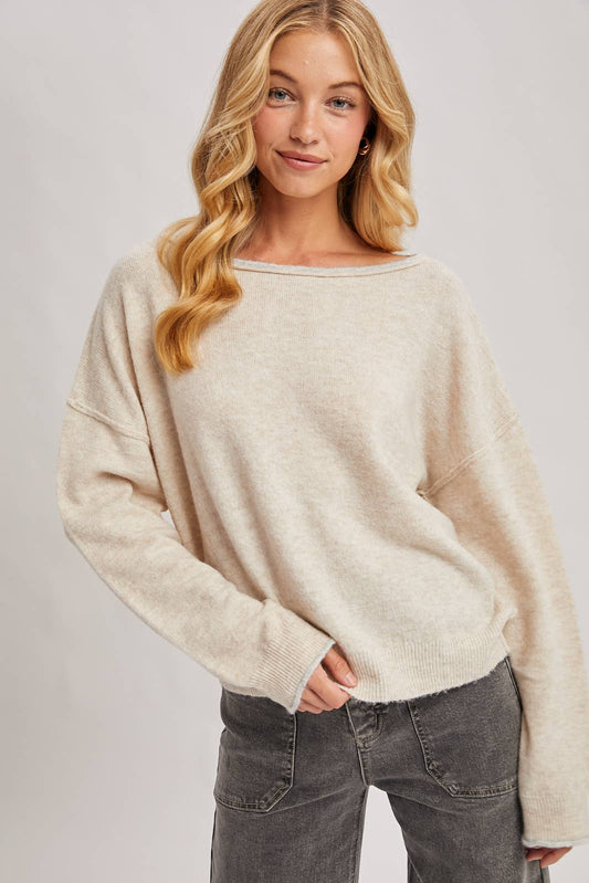 Oatmeal Boat Neck Rolled Trim Heathered Sweater