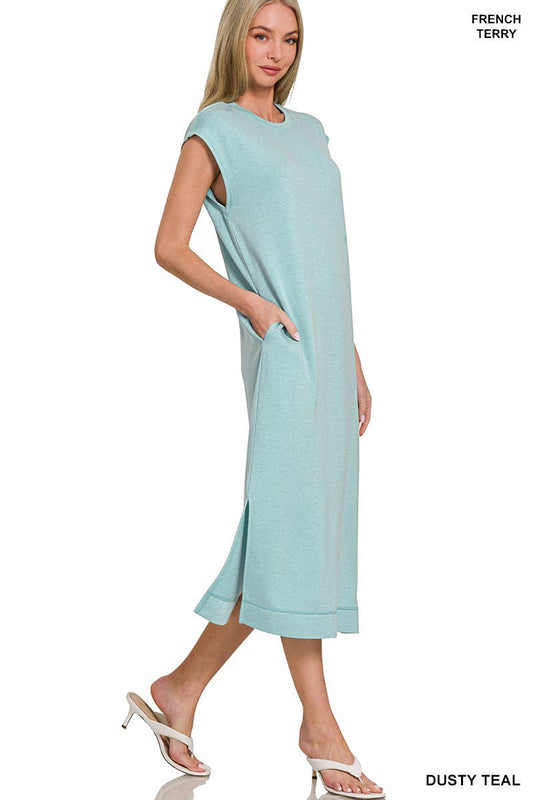 French Terry Sleeveless Midi Dress with Pockets