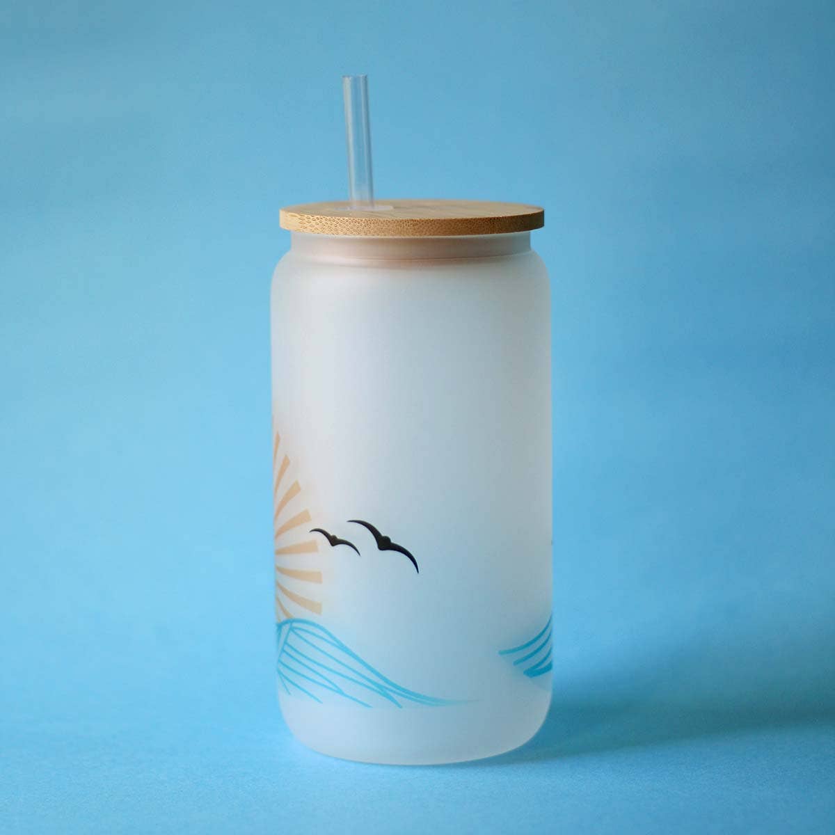 Summer Waves Glass Can Cup + Lid/Straw