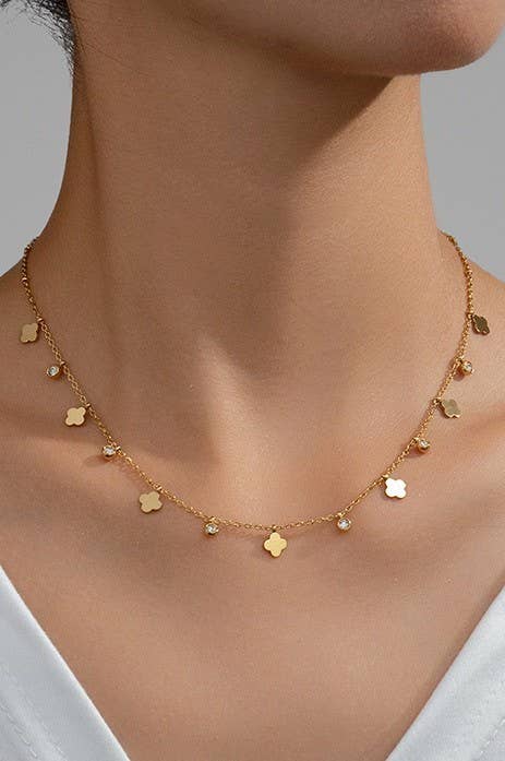 Gold Mini Clover Rhinestone Drop Necklace