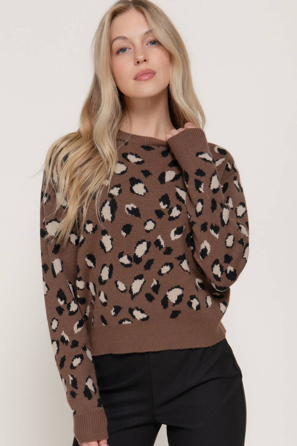 Brown Crew Neck Animal Jacquard Sweater