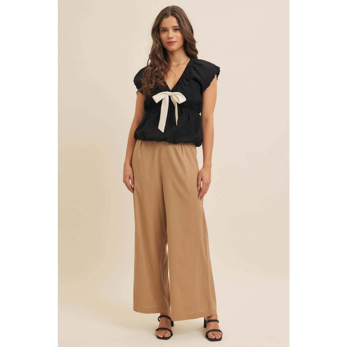 Crinkle Front Bow Tie Blouse