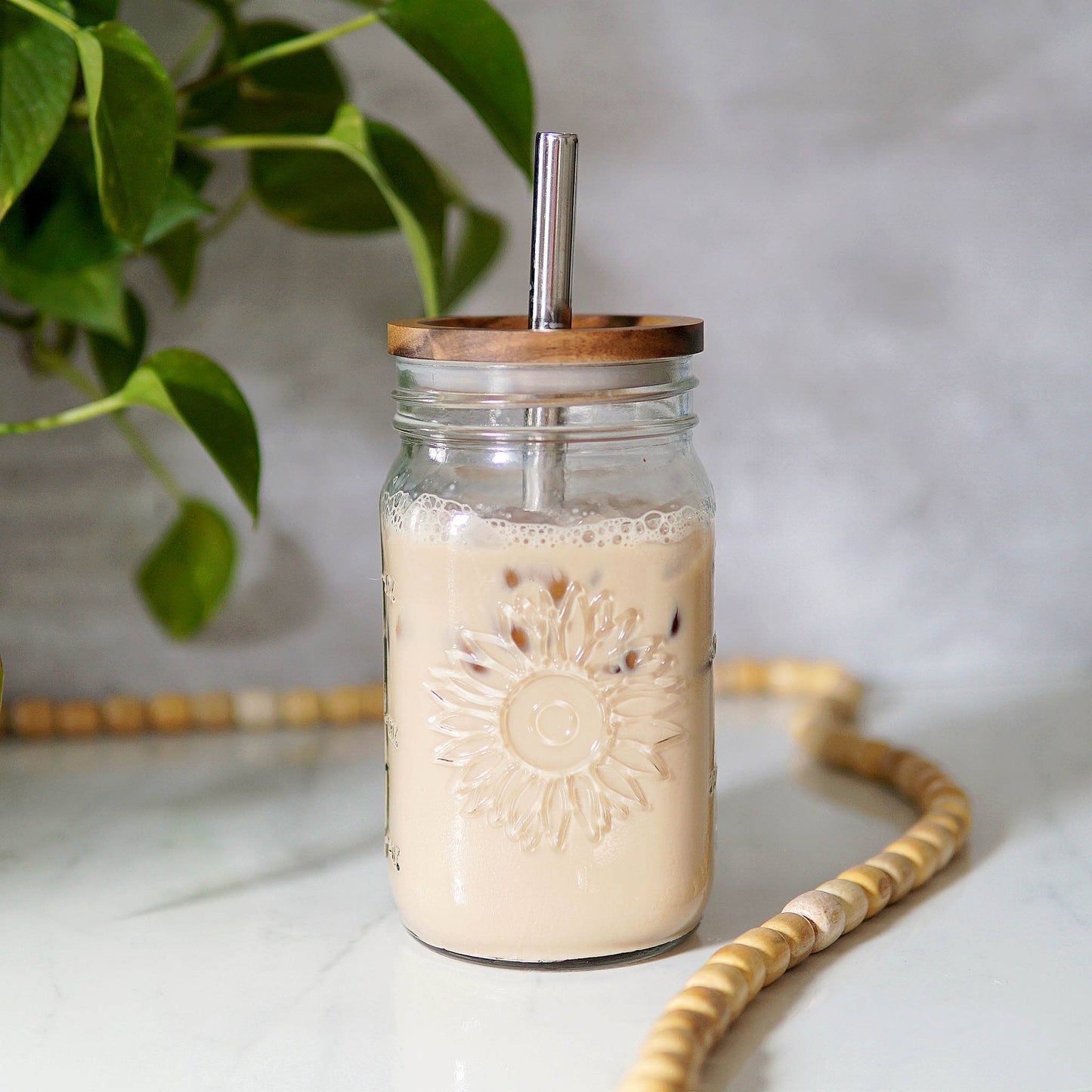 XL Sunflower Mason Jar Tumbler + Acacia Lid + Straw