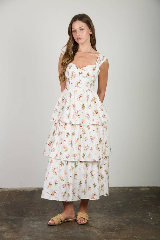 Cream Floral Ruffle Tiered Midi Dress