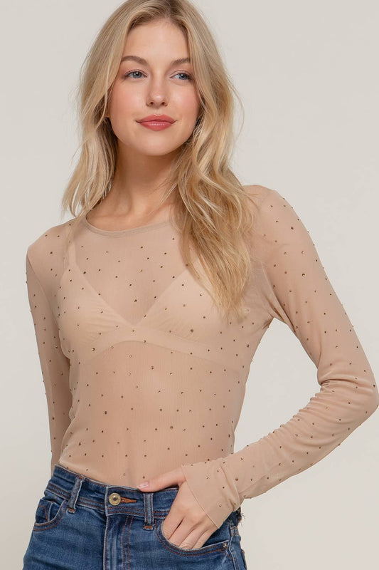 Long Sleeve Rhinestone Mesh Top