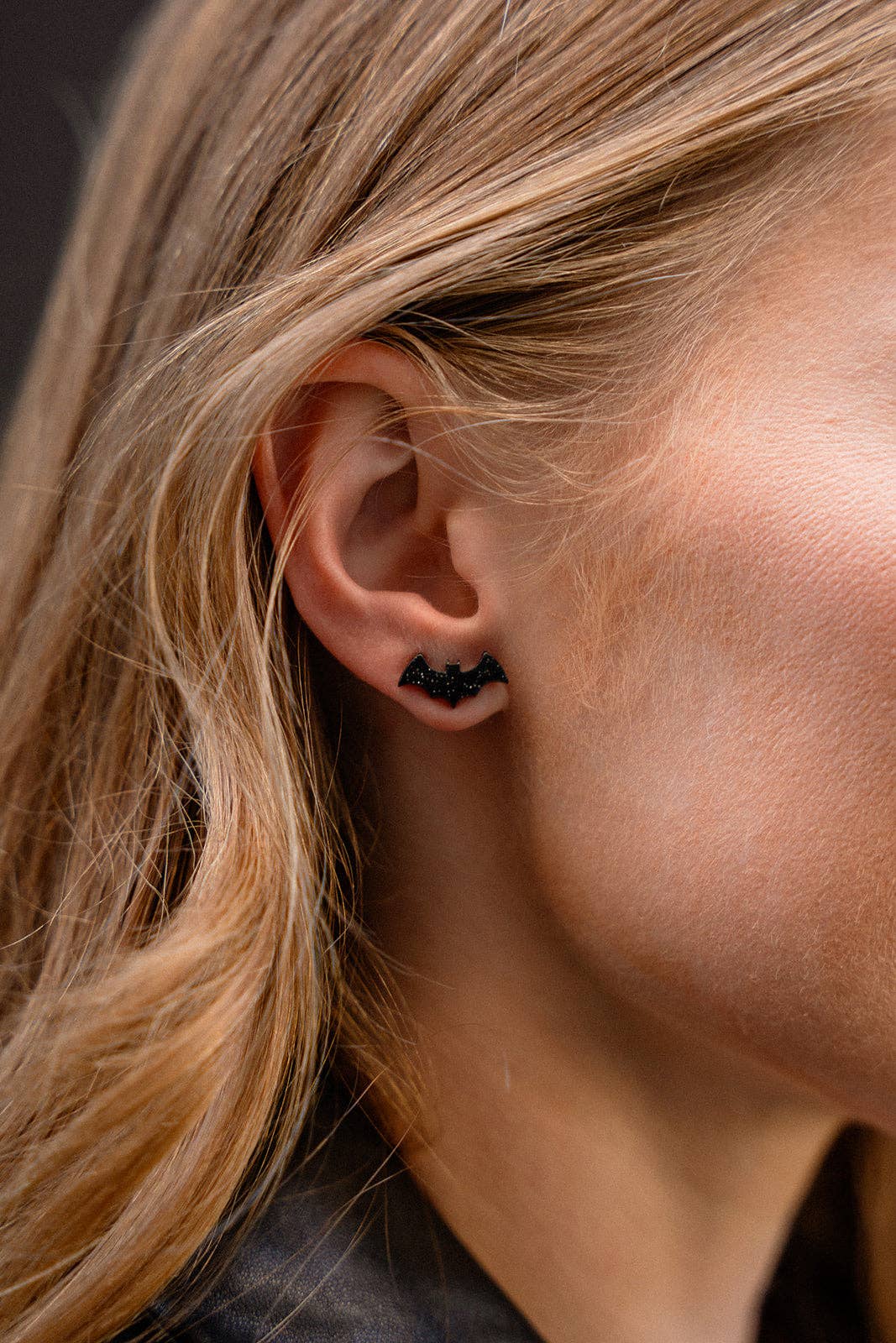 Black Glitter Bat Stud Earrings