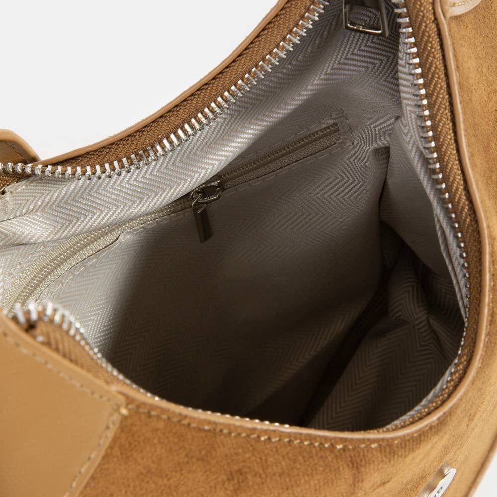 Leather Accent Suede Crescent Shoulder Bag