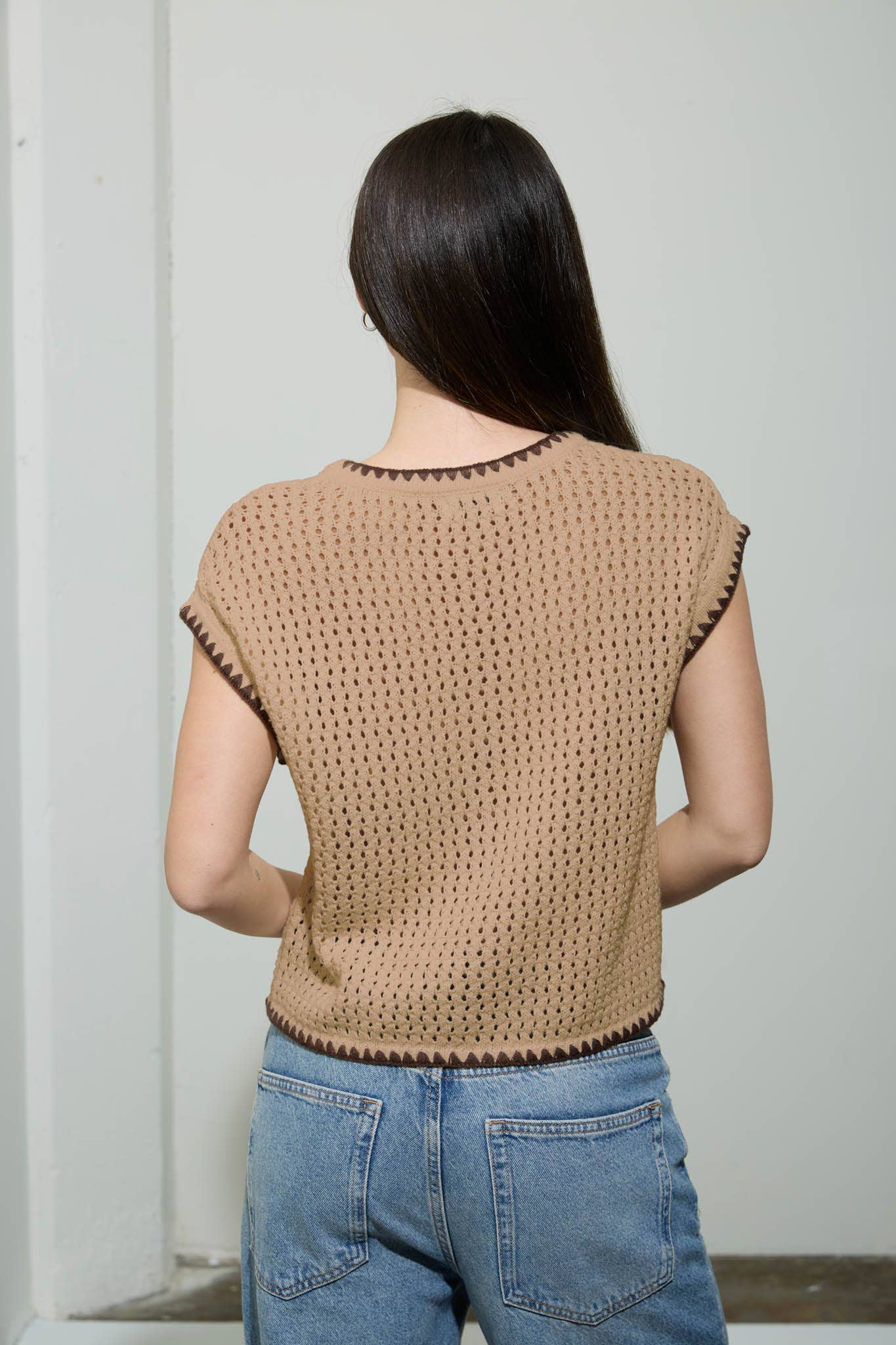 CONTRAST STITCH CROCHET KNIT SHORT SLEEVE CARDIGAN