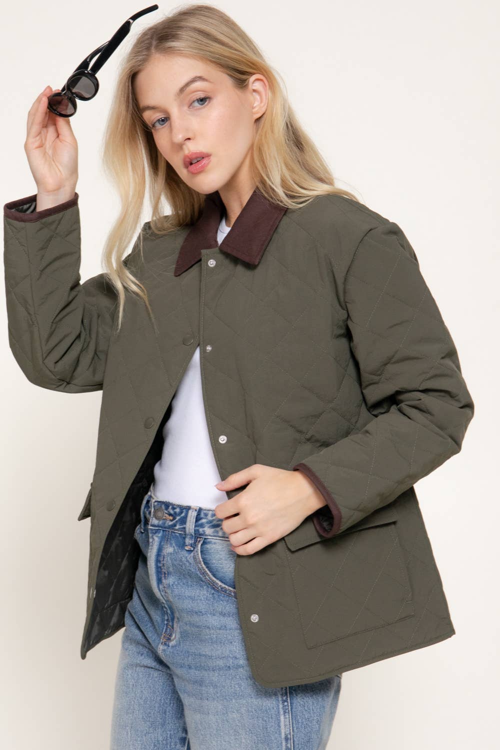 Olive Lapel Collar Quilted Puffer Jacket