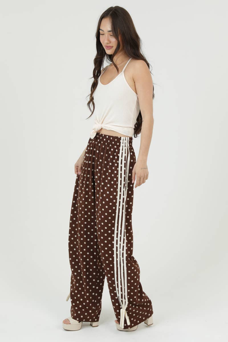 XPA47-DOT POLKA DOT PRINT WIDE LEG PANTS WITH SIDE TAPE TIES