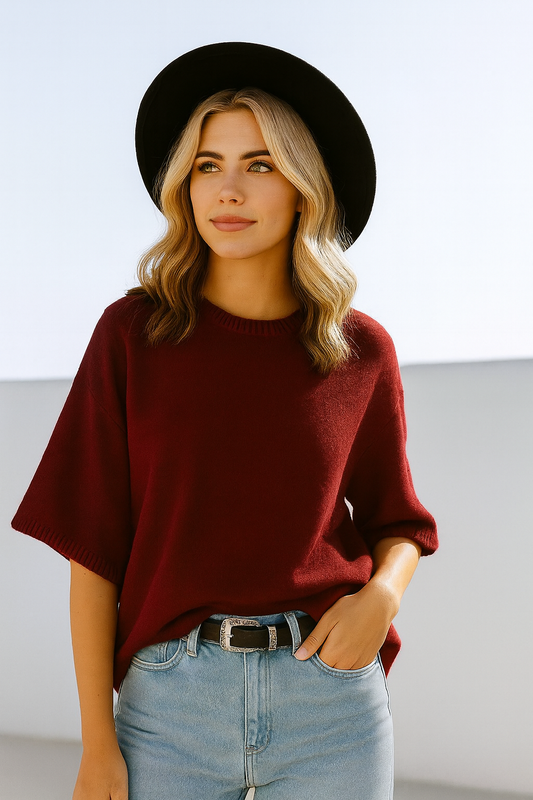 Burgundy Short Sleeve Relaxed Sweater Top