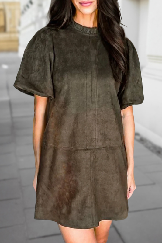 Suede Frilled Neck Puff Sleeve Dress