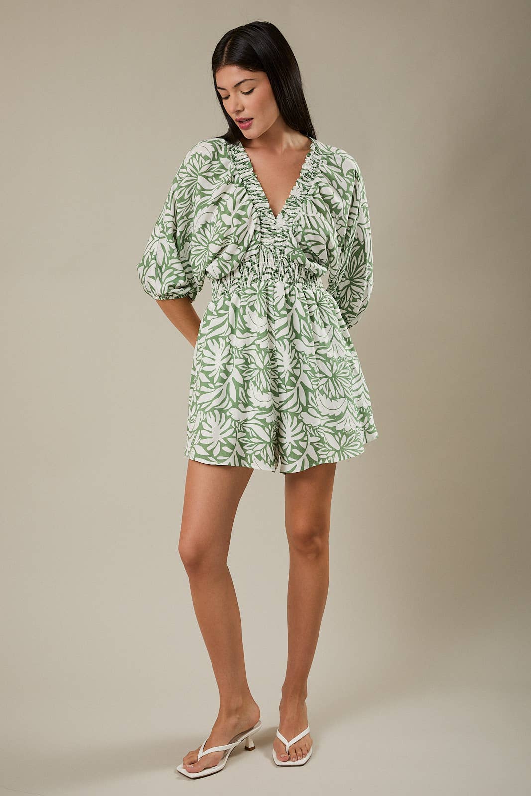V-Neck Kimono Sleeve Floral Leaf Romper