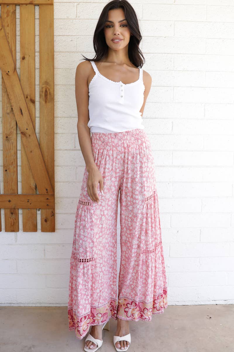 Lace Trim Wide Leg Printed Pants