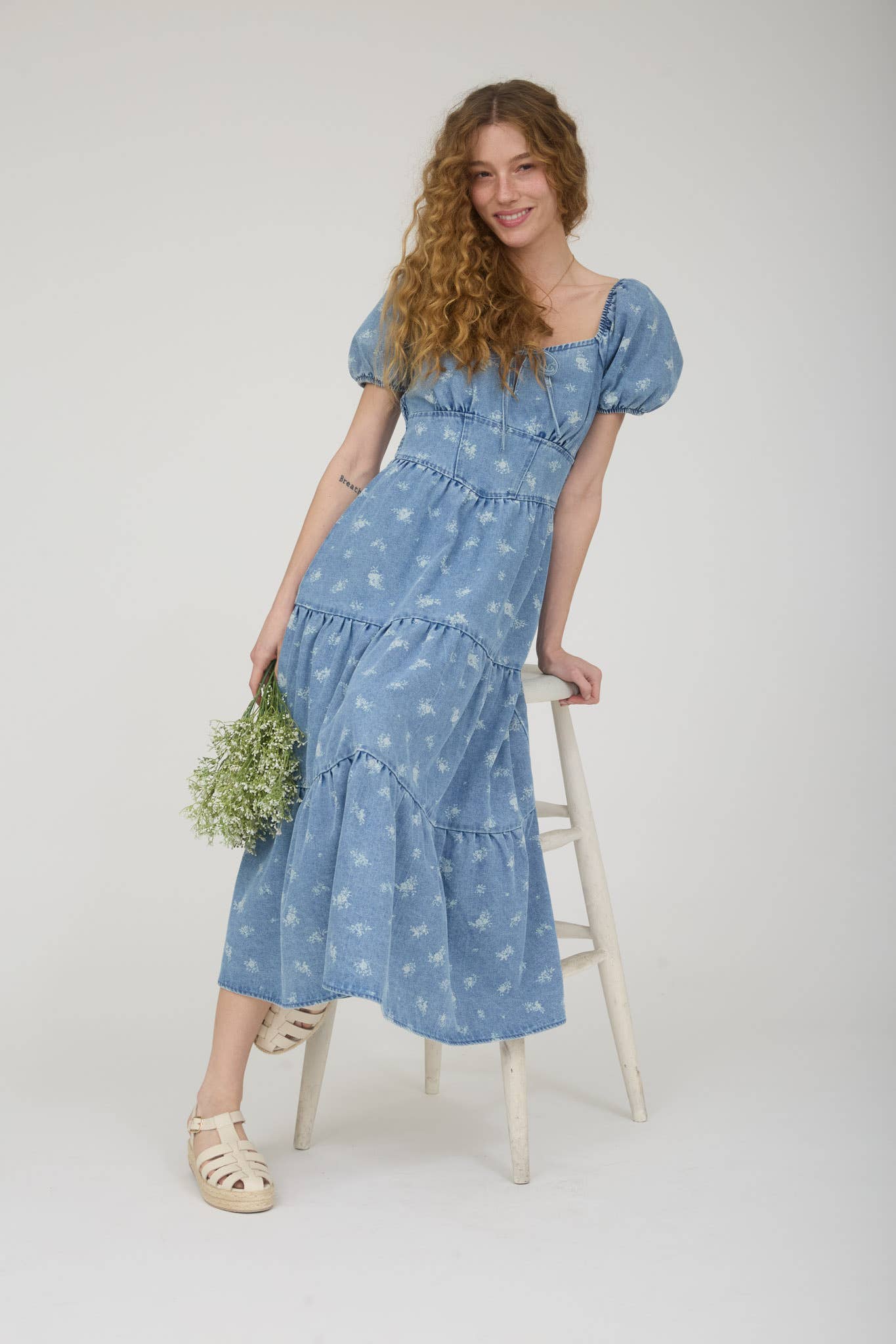 Floral Washed Denim Corset Tiered Dress