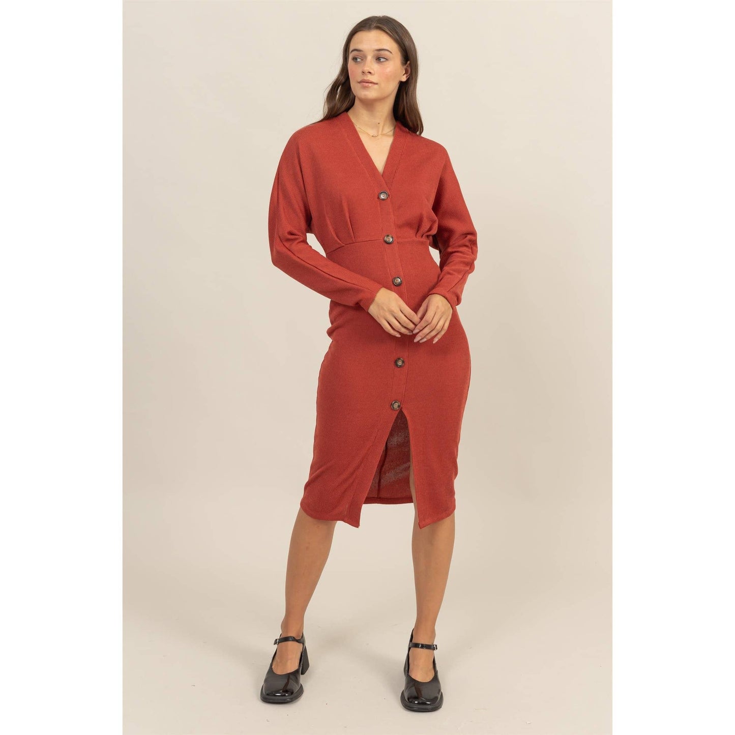 Rust Button-Down Knit Midi Dress