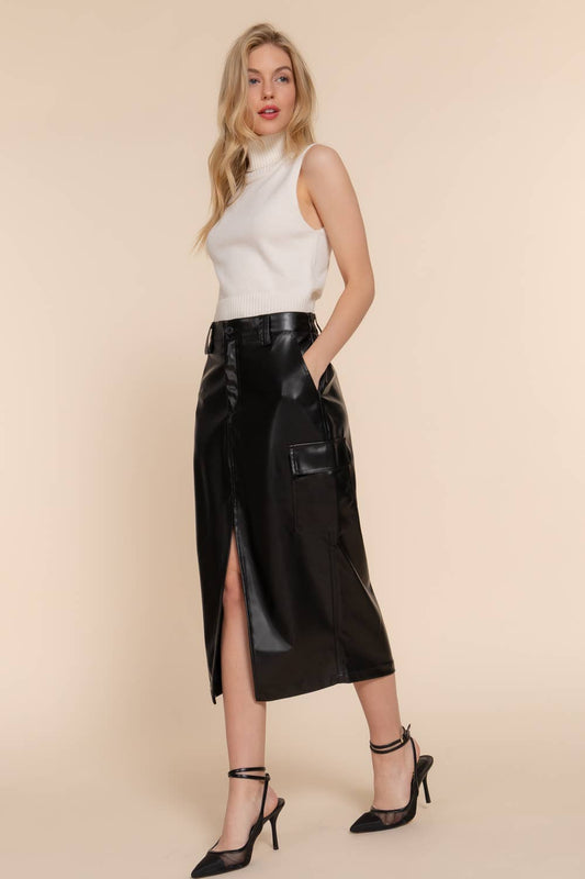 Black Leather Midi Cargo Skirt