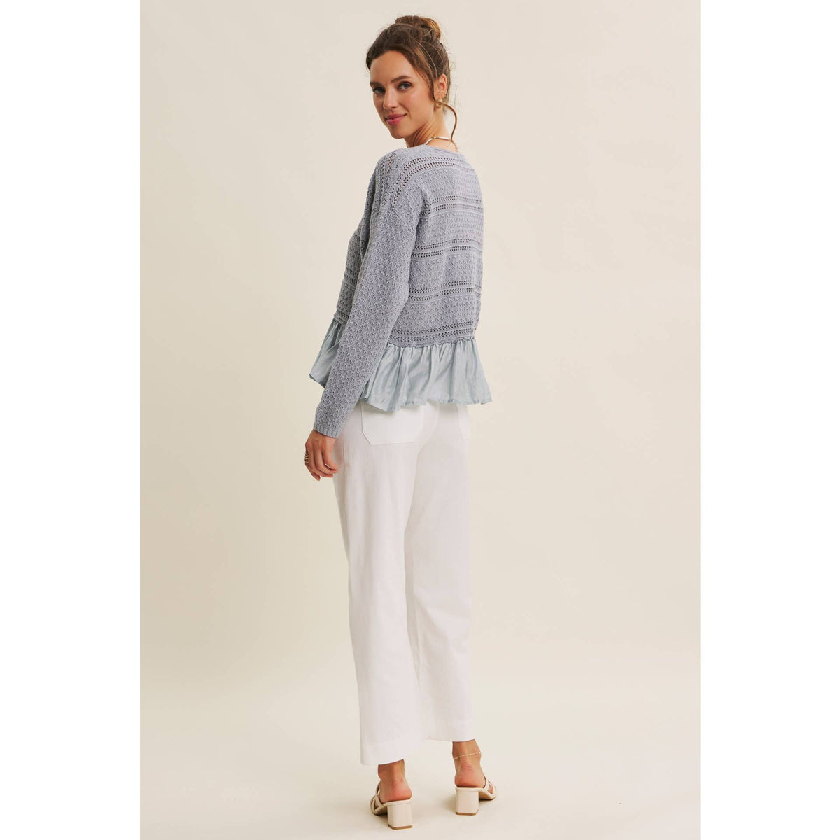 Slate Blue Ruffle Hem Crochet Sweater