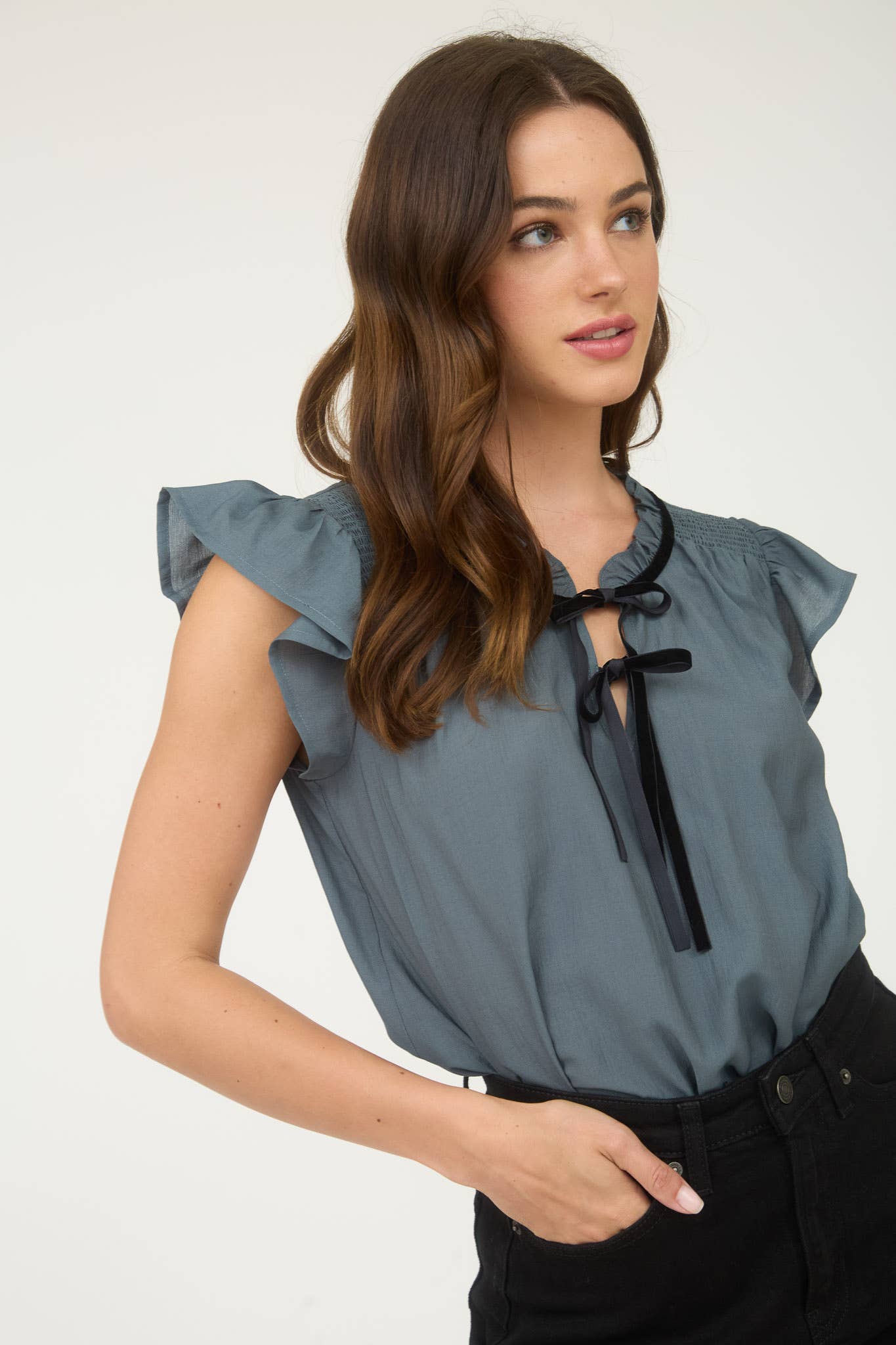 Front Tie Smocked Shoulder Top