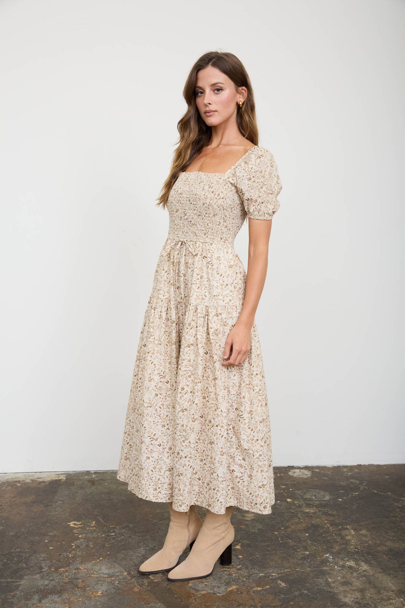 Light Khaki Floral Smocked Puff Sleeve Midi Dress