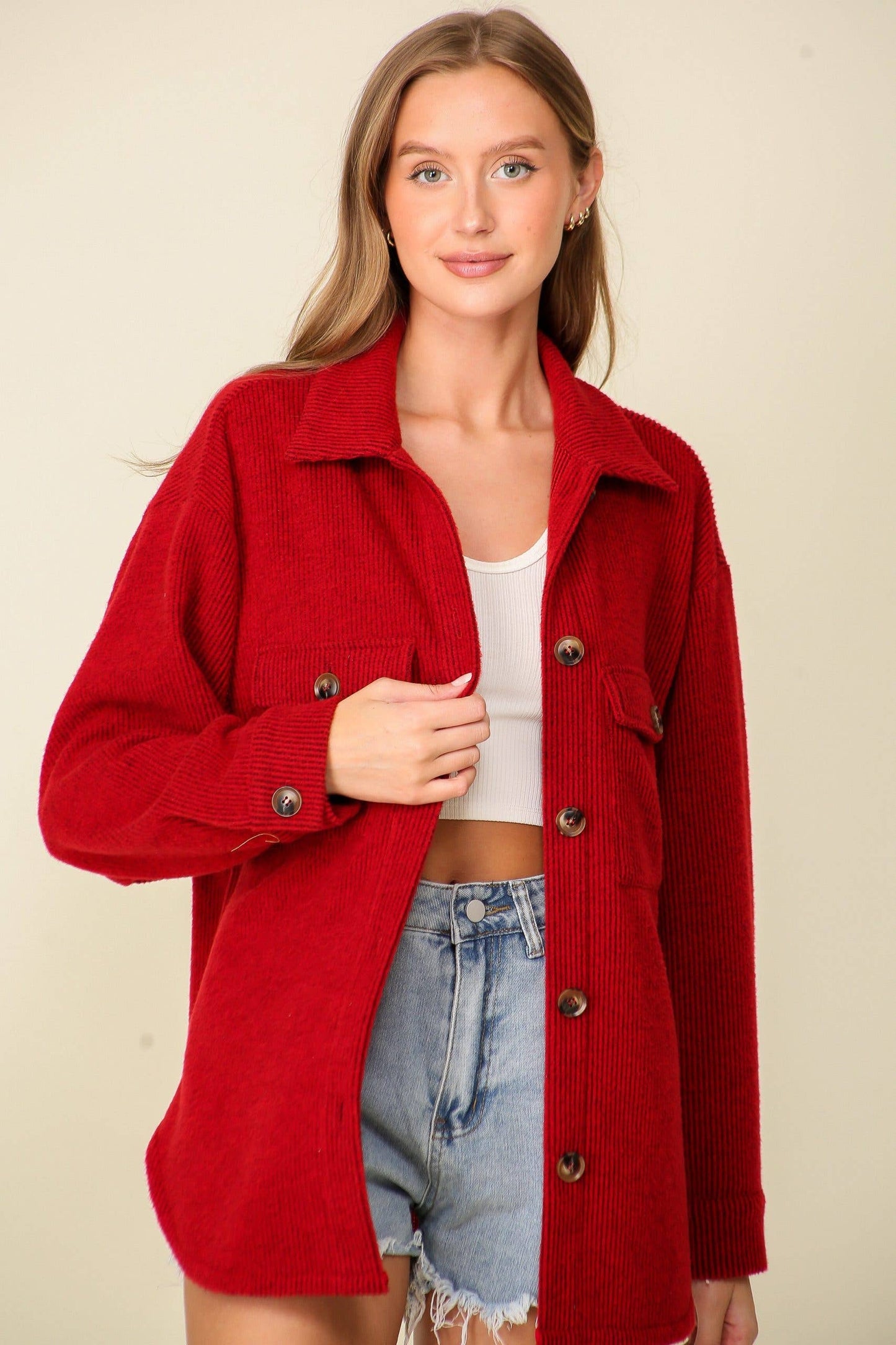 Long Sleeve Button Down Brushed Waffle Shacket