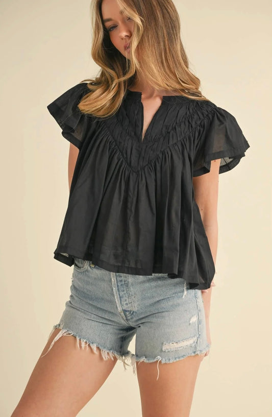 Flutter Sleeve V-Neck Detailed Blouse