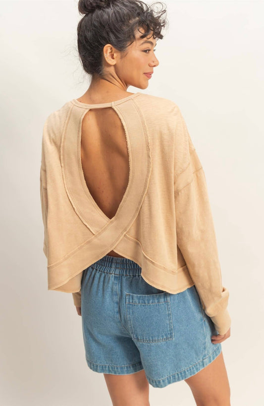 Cross Detail Open Back Long-Sleeve Top