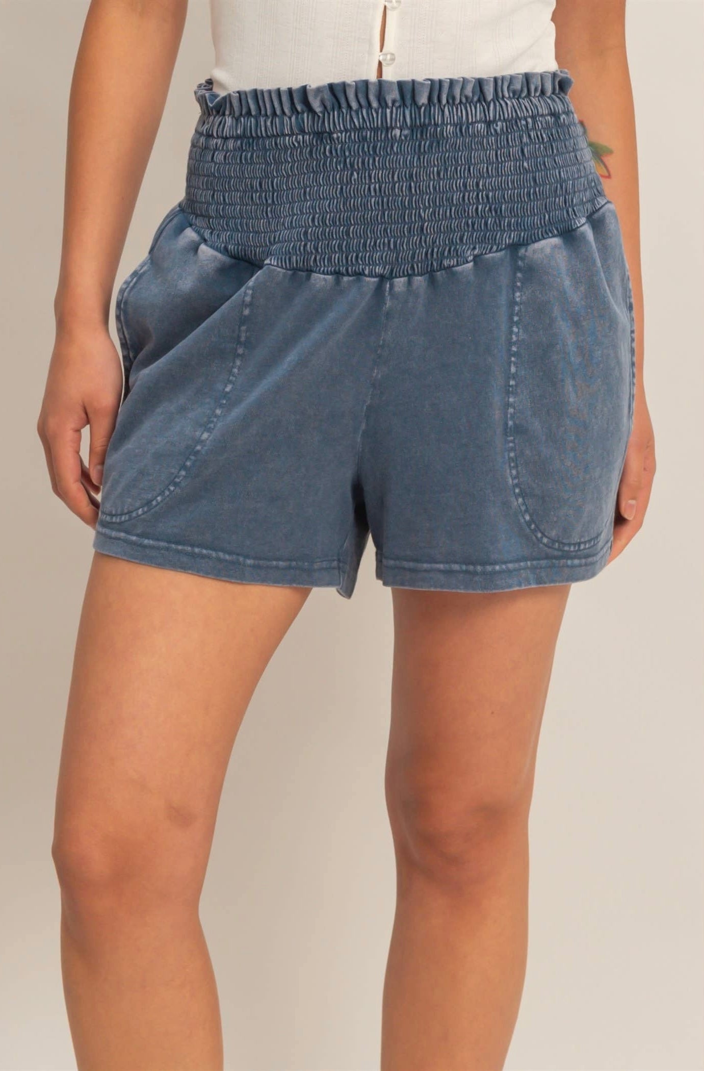 Navy Smocked Waist Mineral Wash Shorts
