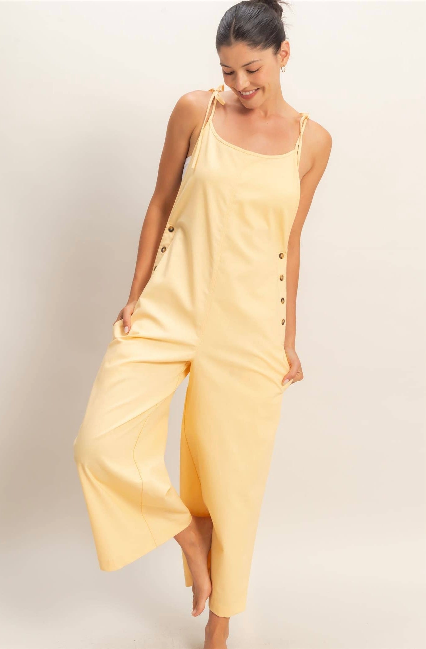 Butter Yellow Adjustable Button Strap Jumpsuit