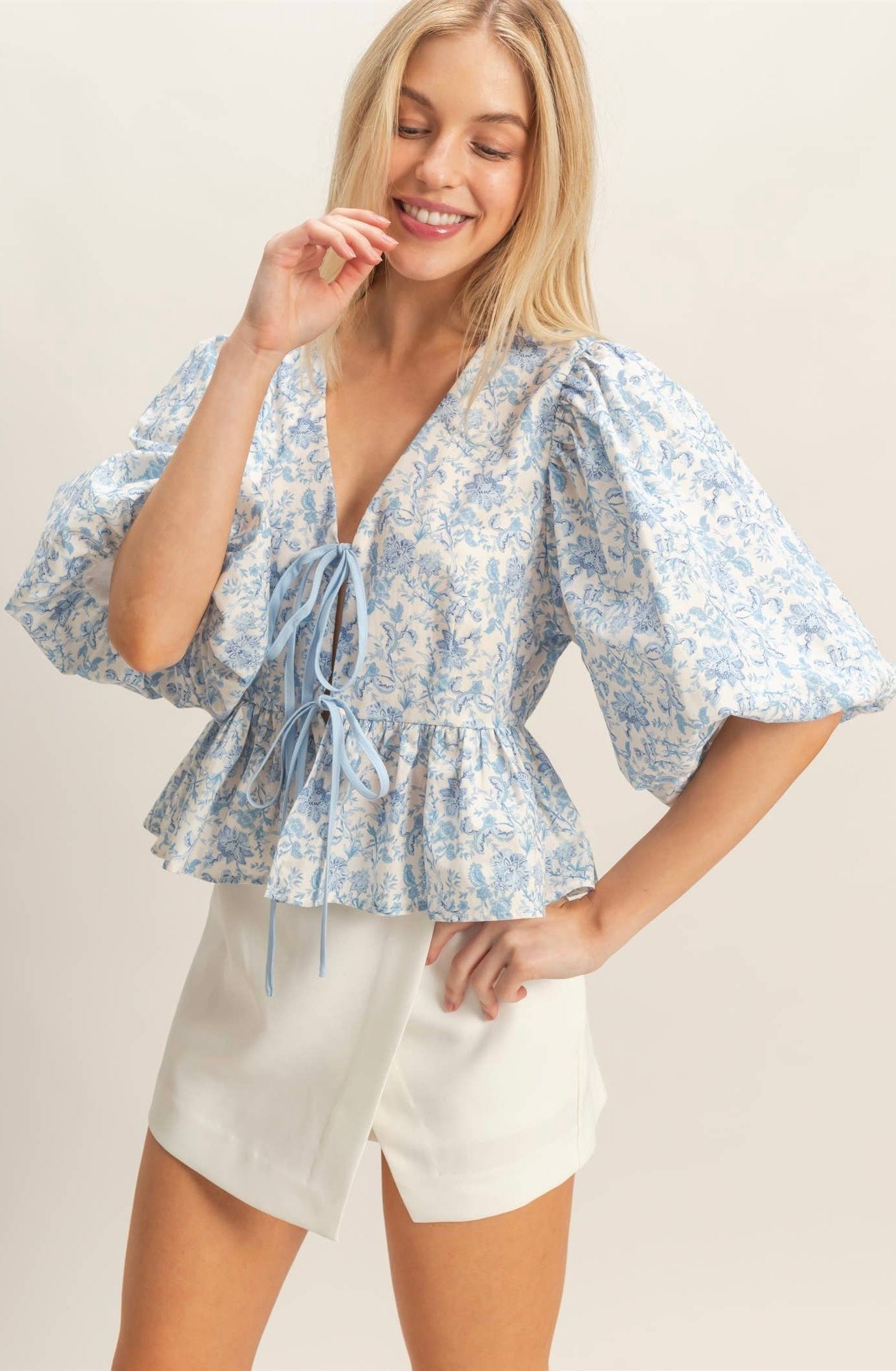 Blue Floral Tie-Front Peplum Top