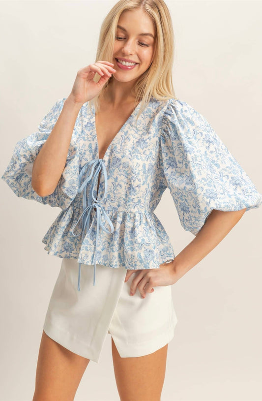 Blue Floral Tie-Front Peplum Top