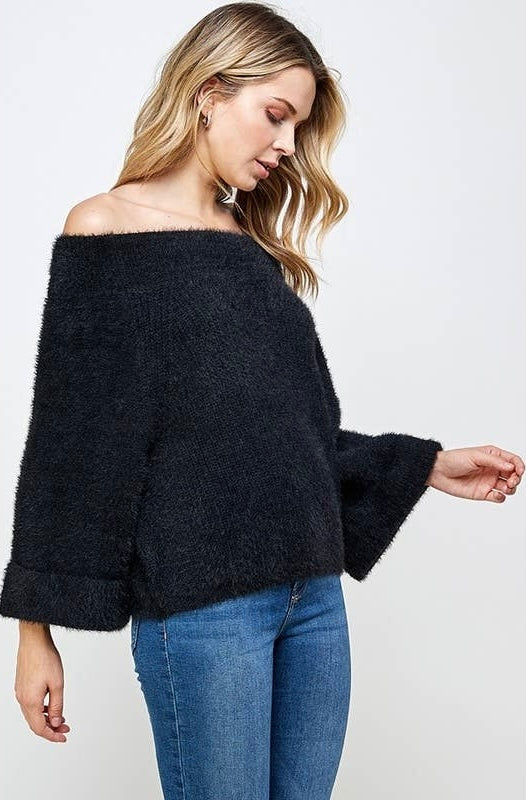 Off Shoulder Wide Sleeve Furry Sweater