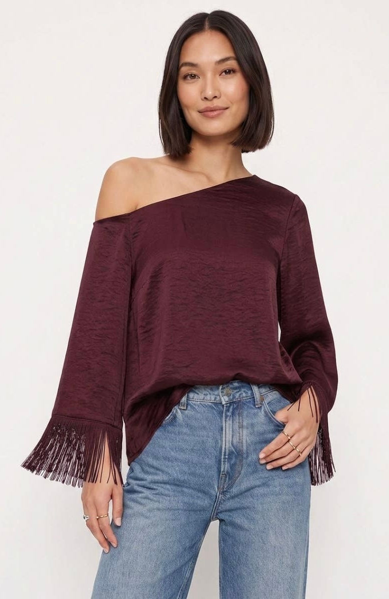 Wine Fringe Sleeve Off the Shoulder Top