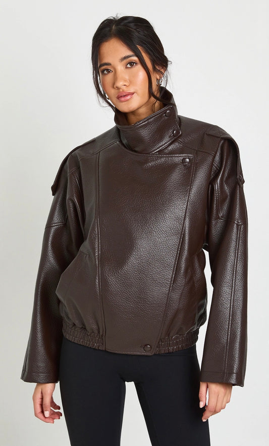 Brown Collared Zip Front Leather Jacket