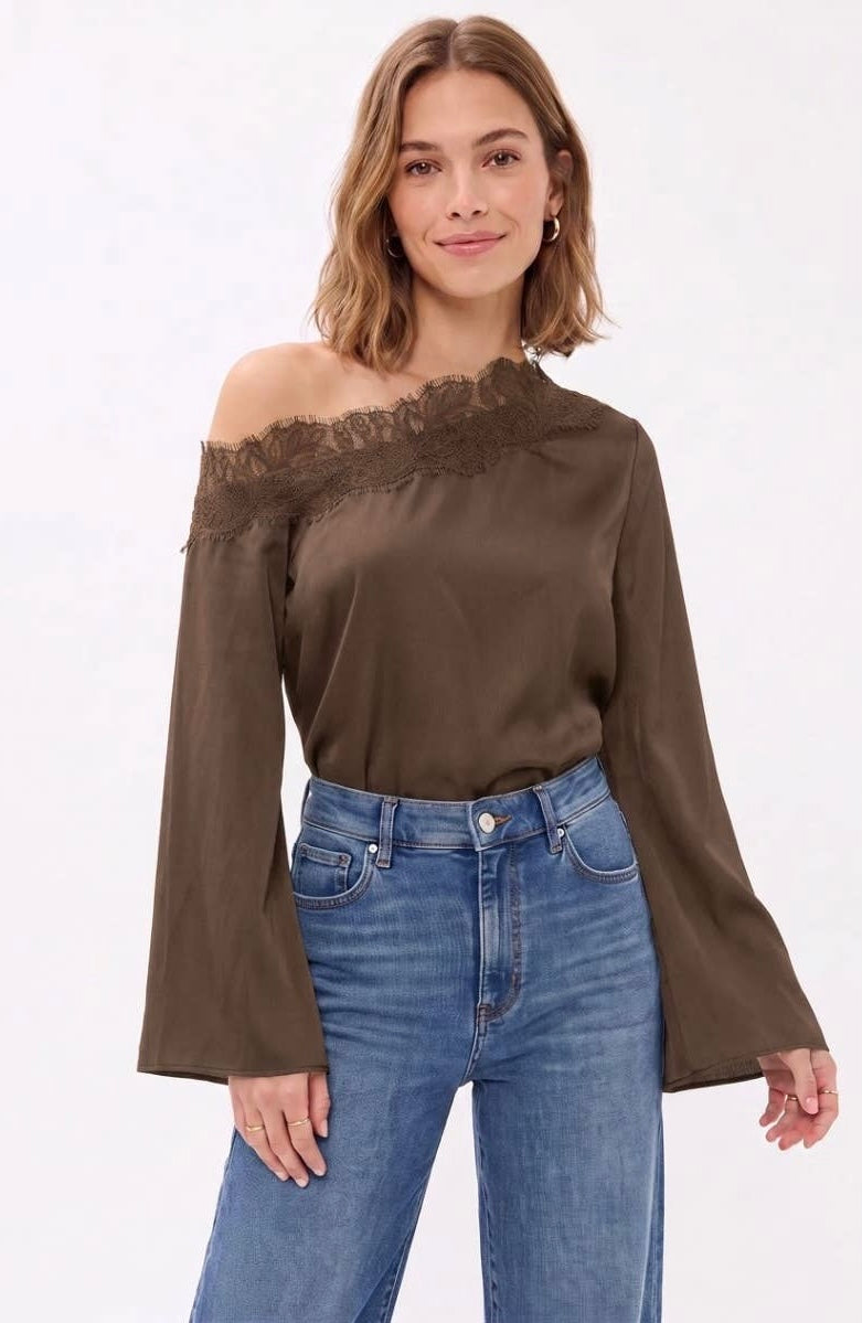Lace Trim Off Shoulder Satin Top
