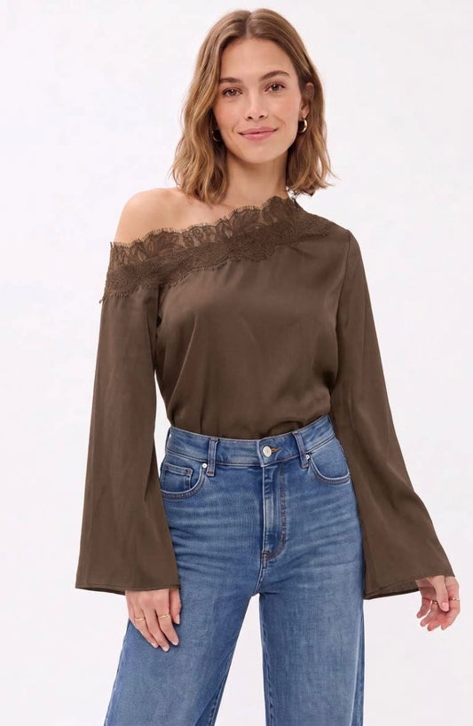 Lace Trim Off Shoulder Satin Top
