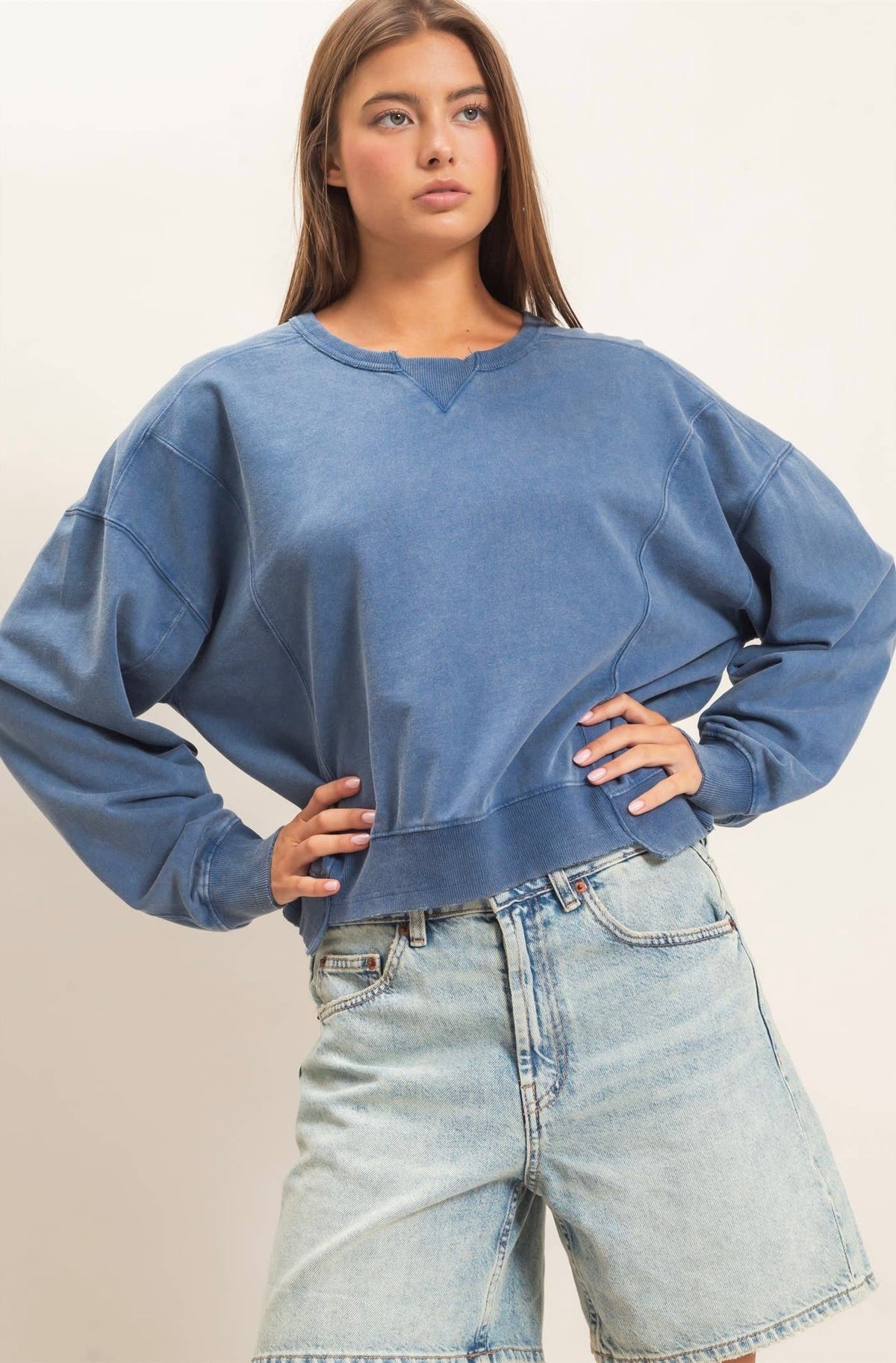 Navy Acid Washed Seam Crewneck  Sweatshirt