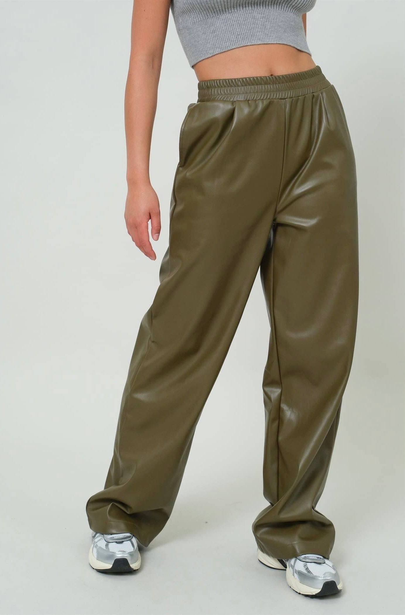 Olive Leather High Waist Pants