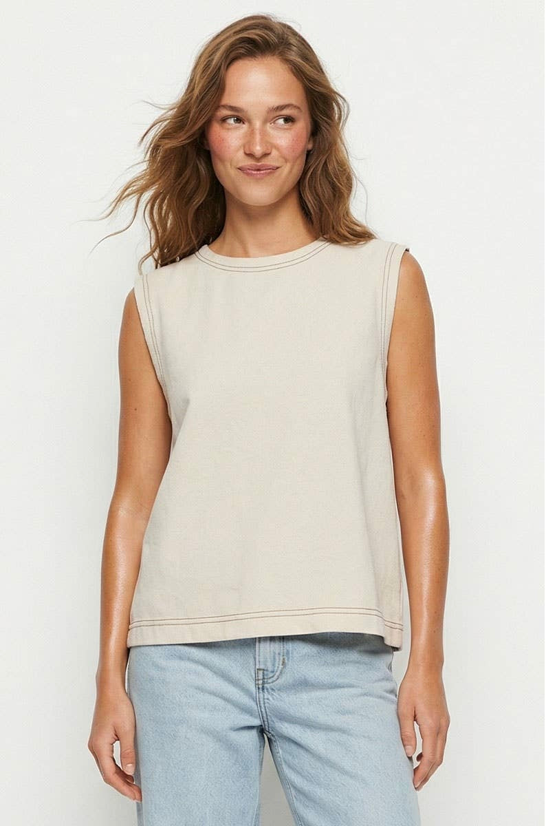 Round Neck Garment Wash Sleeveless Top