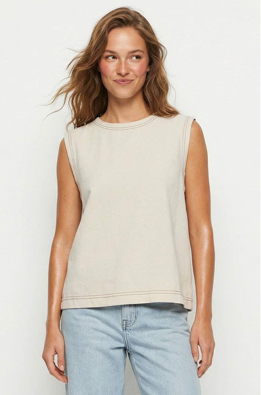 Round Neck Garment Wash Sleeveless Top